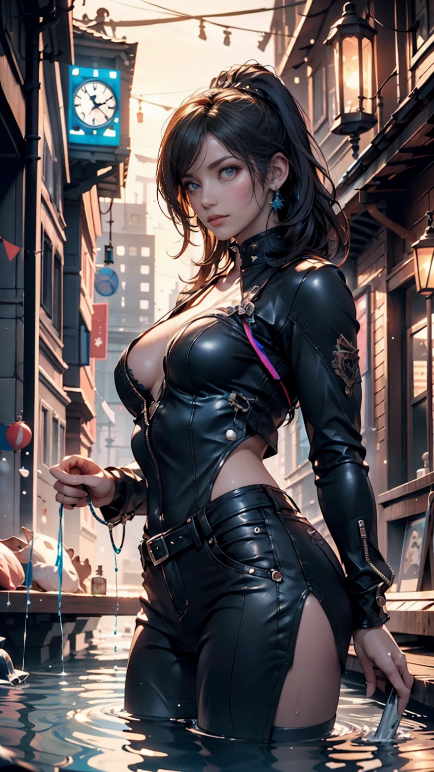 ((Best Quality:1.2, 8k,f/1.8,HDR, Sharp Focus:1.2, photo realistic:1.4, Masterpiece, depth:1.2, super fine :1.2, Ultimate 1Girl, Highly Detailed Facial Textures, detailed beauty makeup: 1.4, realistic skin, detailed eyes, detailed bangs)), (leather jacket), (leather pants), (headphones), (holding weapon), absurdity, (night city background), (dark clouds), (spotlight), (black and red two-tone asymmetrical short hair), ((glaring)) , (big breasts), (mans surrounding girls: 1.4), from above