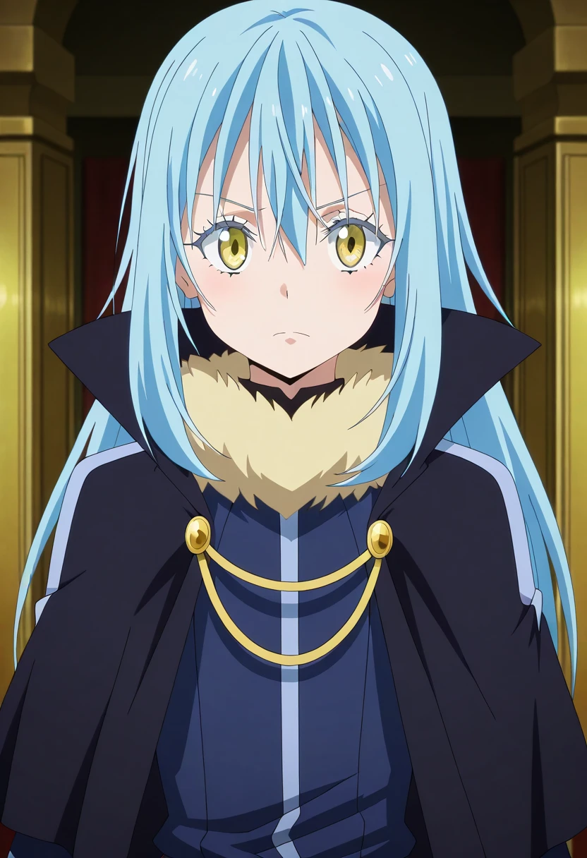 score_9, score_8_up, score_7_up, 1girl, solo, female focus, rimuru tempest, long hair, hair between eyes, blue hair, yellow eyes, long sleeves, open clothes, belt, coat, grey skirt, short skirt, black pantyhoses, buckle, black belt, open coat, black coat, belt buckle, breasts, standing,nervous, cleavage, blushing, hand on hair, smiling, blushing, hand on hip, looking at you, inside a medieval house