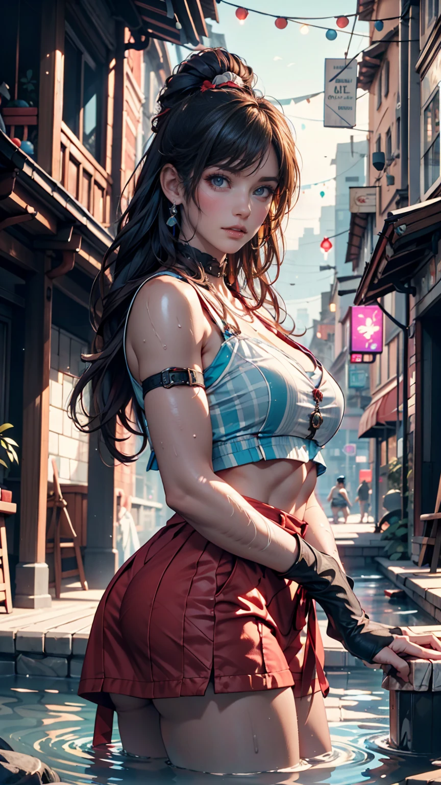 official art, unity 8k wallpaper, ultra detailed, beautiful and aesthetic, masterpiece, best quality, (zentangle, mandala, tangle, entangle), (fractal art:1.3) , 1girl, extremely detailed, dynamic angle, cowboyshot, the most beautiful form of chaos, elegant, a brutalist designed, vivid colours, romanticism, by james jean, roby dwi antono, ross tran, francis bacon, michal mraz, adrian ghenie, petra cortright, gerhard richter, takato yamamoto, ashley wood, atmospheric. Tifa lockhart, long black hair, red eyes, hair bangs, (white tank top:1.5) black miniskirt, suspenders, stockings, (huge breasts:1.5), cleavage, night sky, full moon,  (one girl:1.3)