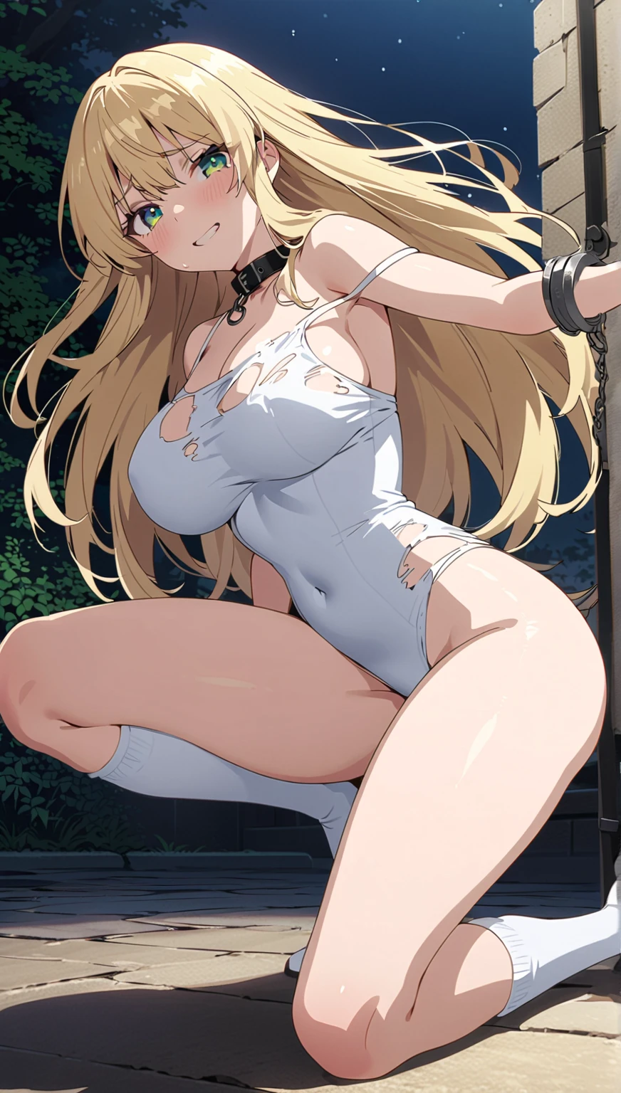 (A hyper-realistic), (illustratio), (hight resolution), (8K), (ighly detailed), (The best illustrations), (beatiful detailed eyes), (top-quality), (ultra-detailliert), (masterpiece), (wall-paper), ((High Definition Face))、(NSFW、Cover your subject all over、upper body、masutepiece:1.2, Best Quality), Realistic, (real picture, Intricate details, depth of fields),((She wears lace white panties、camel's toe)),((Shibari, arms behind back:1.4)), ((Hands on back)), ((tightly bound body)), ((tied up with ropes)), ((Bound、Tied up)) (1girl in, Solo,animal collar, chains, Chained,thigh strap,garterbelts、panthyhose、high-heels ), (Your clothes are immoral, Your clothes are obscene) , Parted lips, Gorgeous perfect face, big eye、((Huge breasts、((Beautiful nipples 、big areolae:1.4))、Constriction、nabel、thick thighs)), (Skindentation),Average waist, tall, Luscious red lips, (long voluminous wild platinum blonde hair,), Beautiful blue eyes, (Sweating:1.2), (Wet), A sexy, Blushing, (A sexy、Adult seduction) , Curve, (spread legs,m legs,squatting with legs open)、(hanging breasted) , (disproportional tits、Shiny skin,Very shiny skin)、(The guys pull her by the leash),