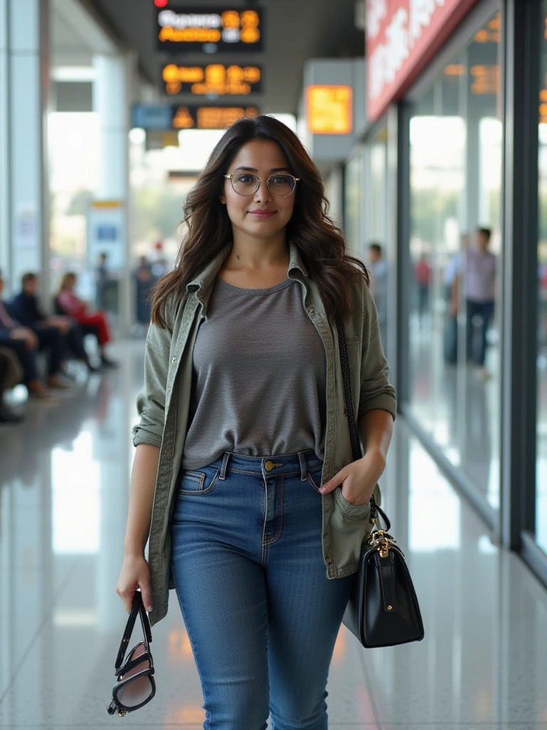 ((best quality)), ((masterpiece)), (detailed), 
A 21 year old beautiful Indian girl with long hair smiling face beautiful eyes wearing a kurti dress and and jeans pant with a vanity bag standing in a airport ponytail hairstyle wearing sunglasses in eyes full pic 