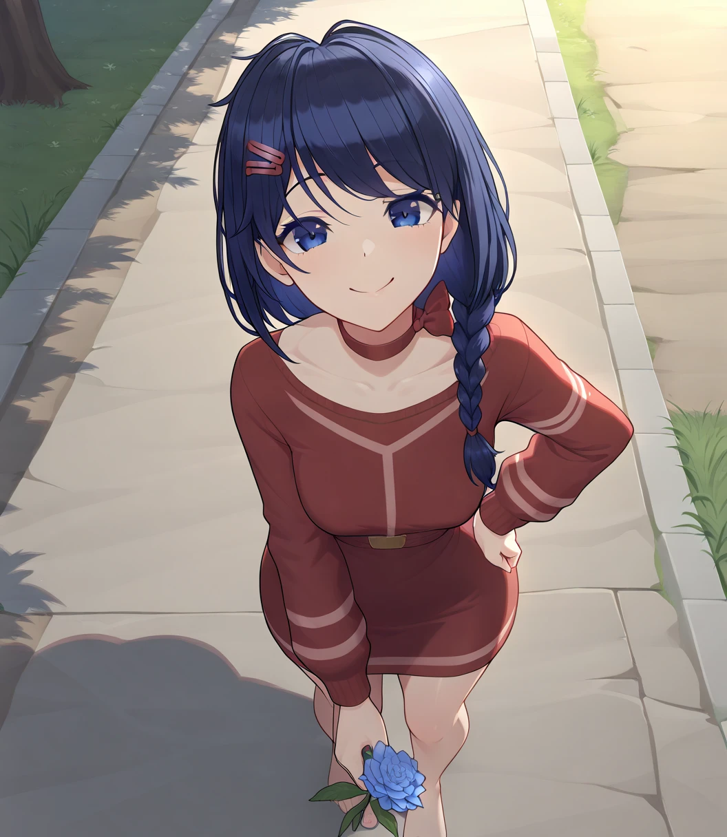 highres, hi res, best quality, masterpiece, 2d, intricate details, 4k, anime coloring, shadow, uncensored, 1girl, solo, blue eyes, dark blue hair, long braid , short hair, striped red bow , hand on own hip, looking at viewer, pov , outdoors , flowed meadow , barefoot , clothed , red sundress , (masterpiece, best quality:1.2), absurdres, highres, stunning beauty , sexy , young , holding a flower , perfect symmetry , erotic , perfect figure, perfect sizes , perfect body , passion, excited, hot , 21+ , big ass , sexy , best quality, no mistakes, posing, demonstrating, model appearance, meduim breasts, big ass , lewd face, lewd smile , lewd eyes , lewd gaze ,