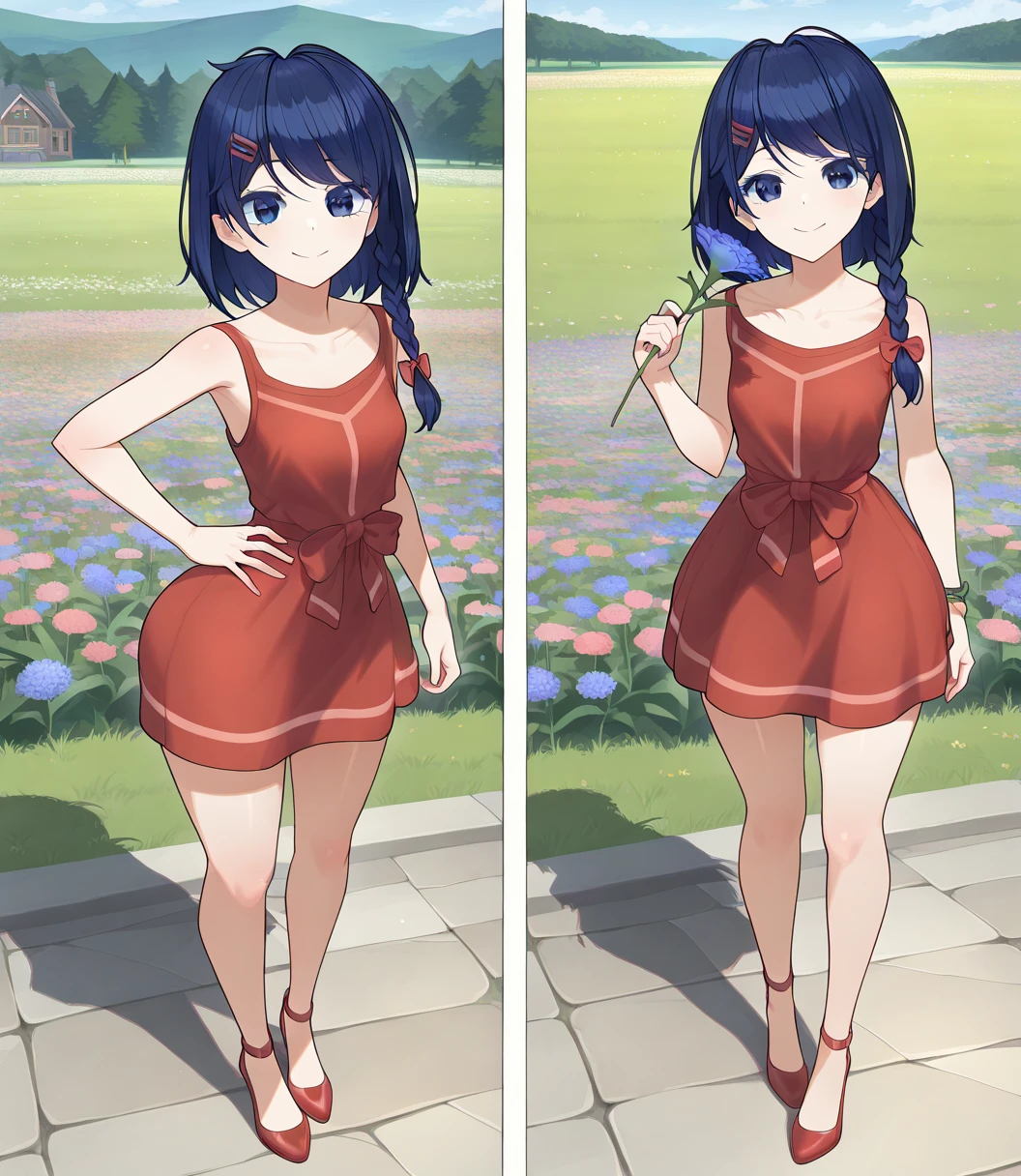 highres, hi res, best quality, masterpiece, 2d, intricate details, 4k, anime coloring, shadow, uncensored, 1girl, solo, blue eyes, dark blue hair, long braid , short hair, striped red bow , hand on own hip, looking at viewer, pov , outdoors , flower meadow , red shoes , clothed , red sundress , (masterpiece, best quality:1.2), absurdres, highres, stunning beauty , sexy , young , holding a flower , perfect symmetry , erotic , perfect figure, perfect sizes , perfect body , passion, excited, hot , 21+ , big ass , sexy , best quality, no mistakes, posing, demonstrating, model appearance, meduim breasts, big ass , lewd face, lewd smile , lewd eyes , lewd gaze ,