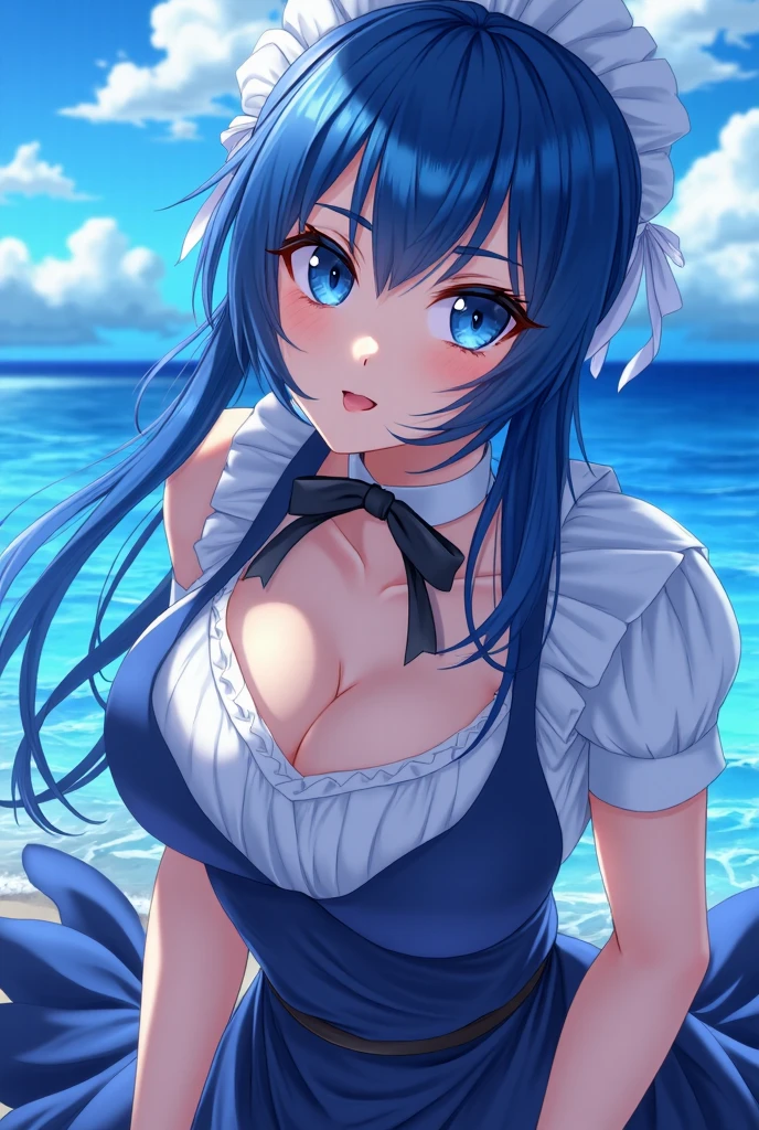 masterpiece, highest quality, Super detailed ,Rem,Re:zero,blue hair girl on the beach, cute face,cute,attractive女の子,short hair, beautiful girl. detailed digital art, smooth CG art, Japanese clothing,Ryukyu tribe,attractive女の子, armpit, cute pose, beautiful breasts,big breasts,attractive,