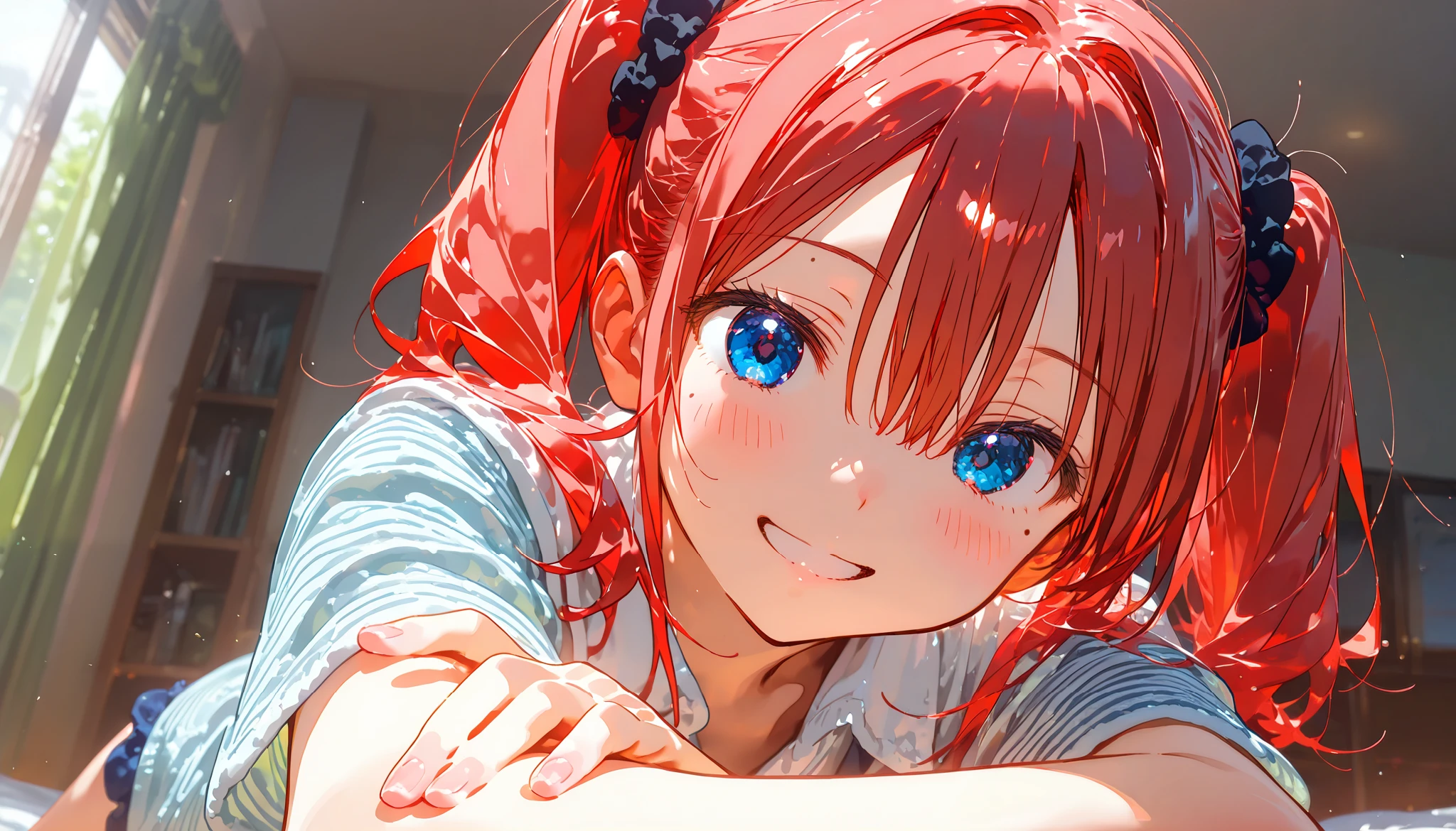 masterpiece , best quality, 1girl, high twintails, short twintails, round eyes, black scrunchie, bangs, hair between eyes, red hair, blue eyes eyes, mole under left eye, 16-year-old, Parker, looking at viewer, smiling, in the room, hyper detailed, anime, (hard-edged:1.4), golden ratio, highly saturated colors, upper body, , making a peace sign