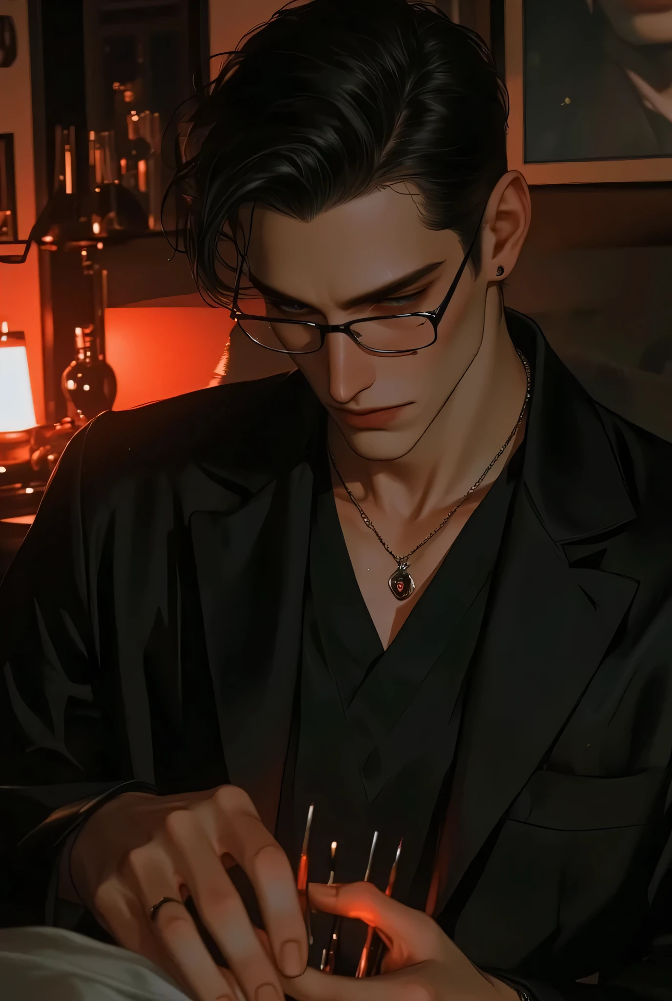 MALE, ((blue eyes)), ((black hair, Crew Cut – Short all around with a slightly longer top for a neat, low-maintenance style)), ((wearing black surgical coat and square frame eyeglasses)), ((black inside shirt)), ((dark undereyes)). Adult male, broad shoulders (close up face), ((high quality)). ((TAN SKIN)), ((sideview, looking down)), warm red lighting hues. Night time. Inside dimly lit bedroom. Menace expression. holding needles.