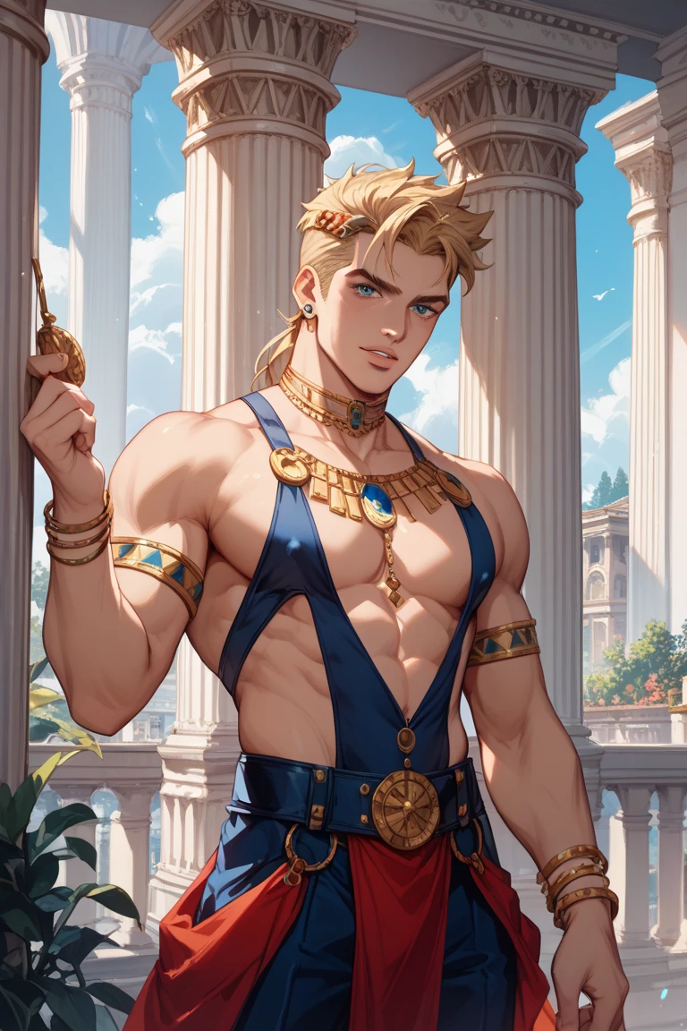 Zeus made,a Greek man god with white hair and beard,Cao Cao,stark,with muscles so thick and enormous that they are about to leave the body,virile and very masculine wearing ancient Greek costumes and leaving his chest and abdomen exposed,he will be hugging the goddess Hera very tightly and kissing with great lust,a Greek woman goddess with orange blonde curly hair,beautiful face and body,wearing sensual Greco-Roman costumes that would leave your body semi-nude,she would also use a blue cape that Zeus would be subtly removing,the scene would take place on Mount Olympus, a place with Greco-Roman architecture