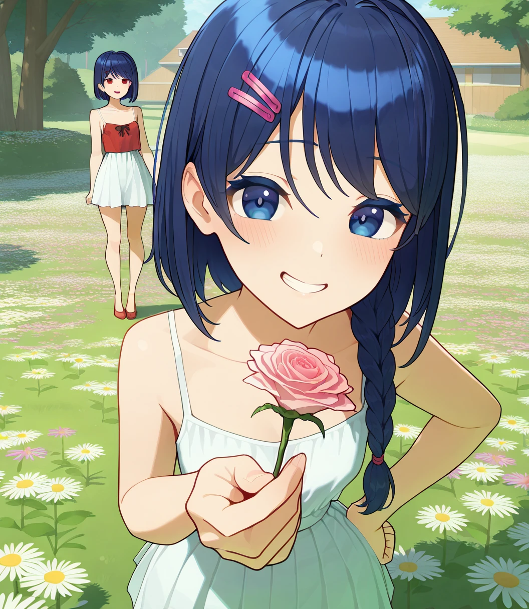highres, hi res, best quality, masterpiece, 2d, intricate details, 4k, anime coloring, shadow, uncensored, 1girl, solo, blue eyes, dark blue hair, long braid , bangs , short hair, striped red bow , hand on own hip, looking at viewer, pov , outdoors , flower meadow , red shoes , clothed , red sundress , (masterpiece, best quality:1.2), absurdres, highres, stunning beauty , sexy , young , holding a flower , perfect symmetry , erotic , perfect figure, perfect sizes , perfect body , passion, excited, hot , 21+ , big ass , sexy , best quality, no mistakes, posing, demonstrating, model appearance, meduim breasts, big ass , lewd face, lewd smile , lewd eyes , lewd gaze ,