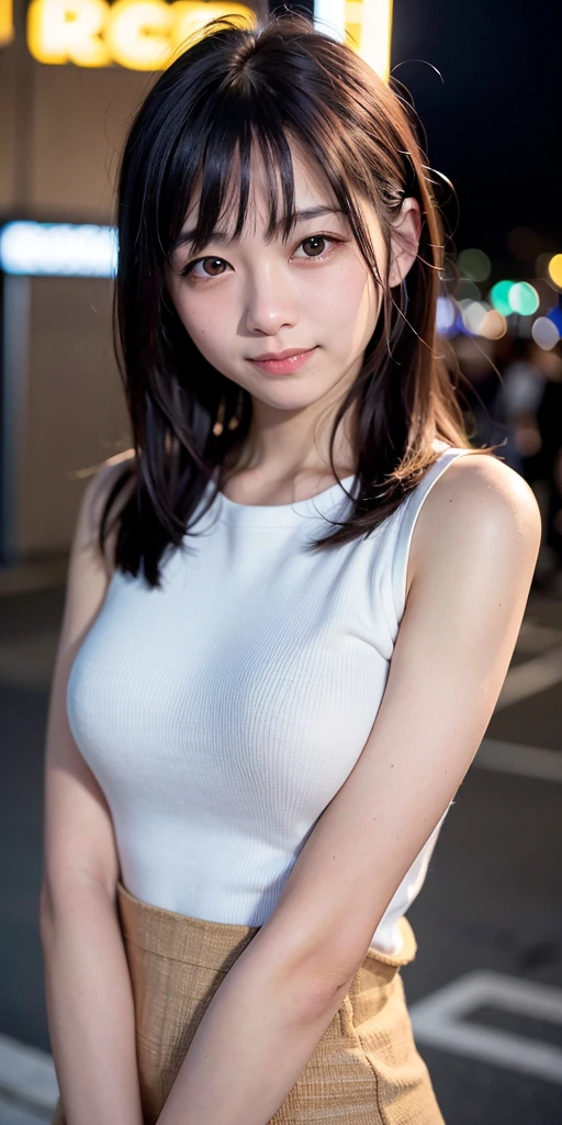 (1 female、Japanese、20-year-old、fresh、clear、seems kind、stylish、attractive narrow eyes、Pathetic、天使のようにcute、cute、black eye、Idol,actress,big breasts),(big breasts:1.6).(very cute),(big ass)、(black hair),(long hair),(enchanting eyes),(eye highlights:1.4),break,(In 8K、Live shooting、highest quality、masterpiece:1.2、optimal lighting)、masterpiece,(Photo taken by a professional photographer),(genuine、フォトgenuine:1.37),break,{ (tight tan tank top:1.4), ((sleeveless, bare shoulders):1.3), (tight leggings:1.4), (plump thighs:1.1), ,,}, (portrait),Smile,,close up of face,cleavage,dynamic angle,(White motorcycle:1.2)、