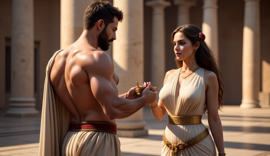 ((((Antonius and Cleopatra hugging tightly each other, Richard Burton and Elizabeth Taylor)))), Ancient night Egyptian Palace background, waistcoat, loincloth,expression of love, smile, (((a bodybuilder with medium hair and female bodybuilder))), a handsome guy and a cute girl, (((very muscular body, vascularity, veins))), upper-body portrait, upper-body Image, real man and woman, barefeet, barefoot, (abnormally developed muscles), (((color Image))), masterpiece, best quality, high resolution