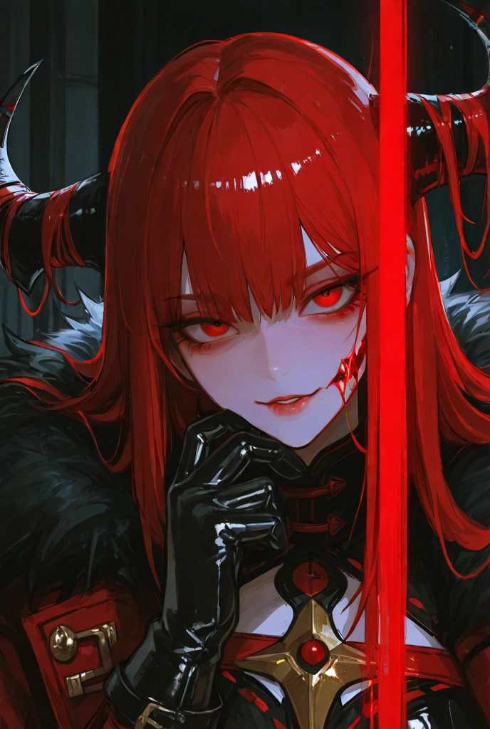 Demon, red, sharp teeth, male, black-red horns.