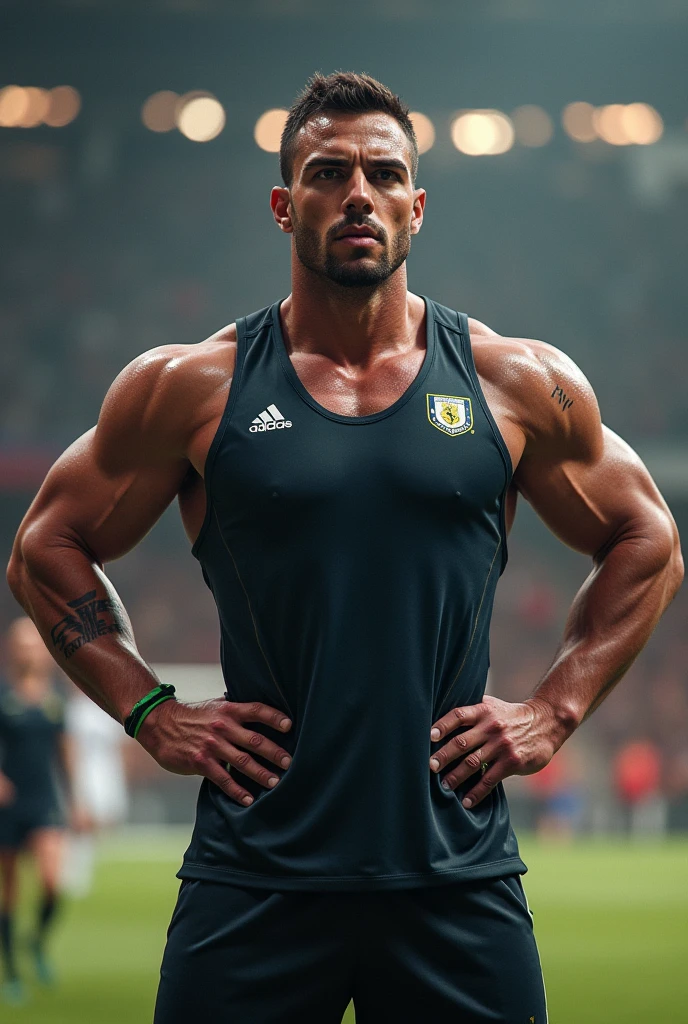 Imagine a shirtless brazilian soccer player wearing knee high socks and fingerless gloves