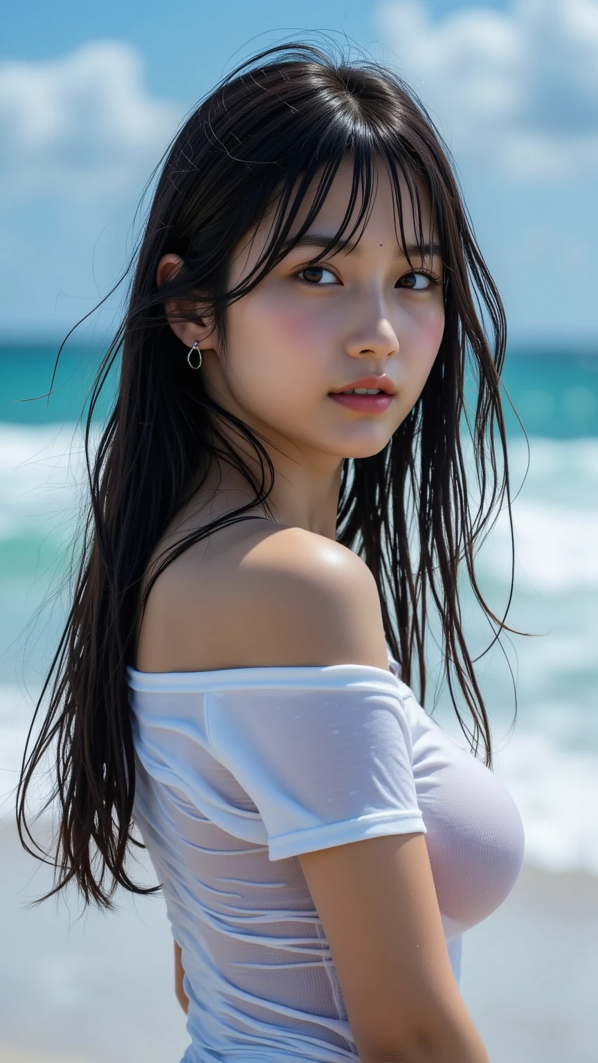 （8k、Raw photography、Highest quality、masterpiece：1.2),(Black Hair、Dark Eyes:1.9),(:1.6)、View your audience,Viewed from the front,White skin,(:1.4)、(Tight waist:1.6)、(Clothes that accentuate the shape of the breasts:1.0)、(Big Breasts :1.3)、Slim figure、Ultra-high resolution,beautiful,beautiful fece,(One person、No background:1.9),whole bodyボディー,Japanese women,（reality的：1.37）、Photon Mapping,reality、(Baby-faced and cute: 1.4)、(Cute Smile: 1.8)、(Round face: 1.8)、Radio City、Physically Based Rendering、Depth of field rally background、photograph, (I can see your knees、Thigh close-up:1.8),（:1.6）,whole body、Great quality