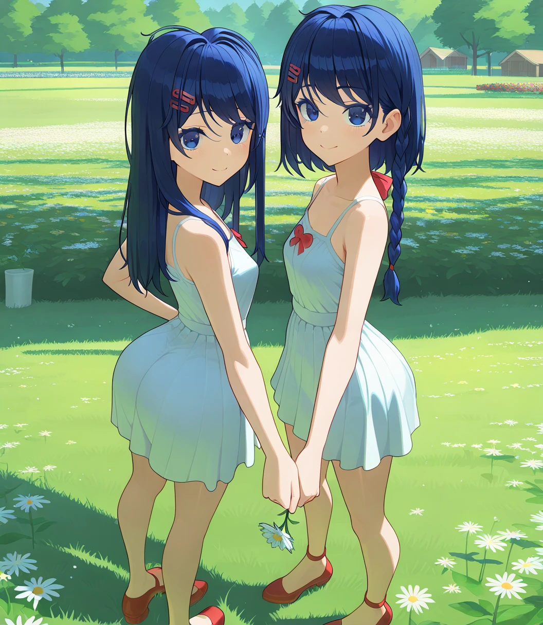 highres, hi res, best quality, masterpiece, 2d, intricate details, 4k, anime coloring, shadow, uncensored, 1girl, solo, blue eyes, dark blue hair, long braid , bangs , short hair, striped red bow , hand on own hip, looking at viewer, pov , outdoors , flower meadow , red shoes , clothed , red sundress , (masterpiece, best quality:1.2), absurdres, highres, stunning beauty , sexy , young , holding a flower , perfect symmetry , erotic , perfect figure, perfect sizes , perfect body , passion, excited, hot , 21+ , big ass , sexy , best quality, no mistakes, posing, demonstrating, model appearance, meduim breasts, big ass , lewd face, lewd smile , lewd eyes , lewd gaze ,