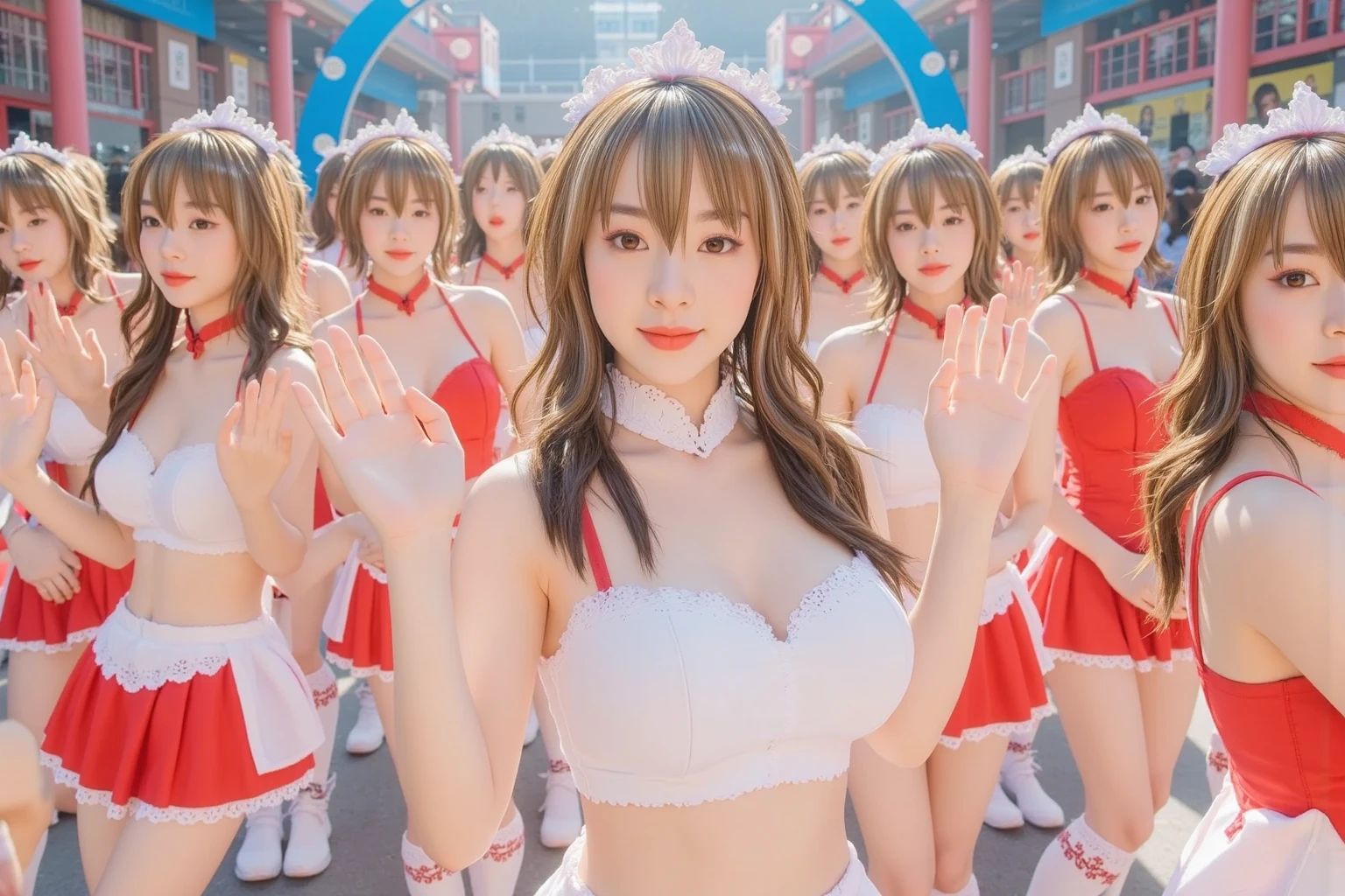 (((12 Tiny Girls in a row:1.37, Shibuya Hachiko-mae scramble crossing on Halloween:1.2))), (masterpiece:1.2, best quality, photorealistic:1.37), {(Standing Full Body:1.2)|(from below:1.2)}, short silver hair, {(naked bandage)|tutu|School Uniform}, (Detailed KAWAII face, Detailed Oily Porcelain skin), {(Passerby schoolgirls)| halloween| neon}, {(Childish:1.2|Gigantic Cleavage:1.37|Underboob:1.2)}, {flower wreath|Red leather high collar}, {Floating hair|Strong wind|Ass focus},{:p|:d|laugh|sparkle|joyful|delighted},extremely Detailed,