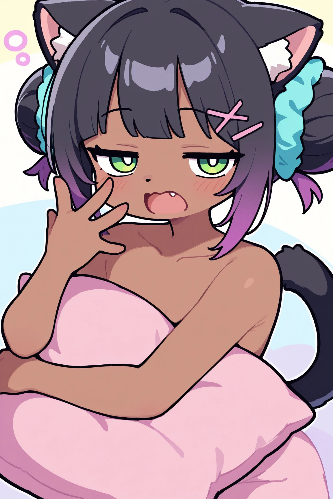 iris \(pokemon\),1girl,solo,(loli kid:1.2),purple hair, long hair, red eyes, dark skin, big hair,completely nude,lie,panty around leg,(petite),(flat anime color:1.2),vaginal sex,