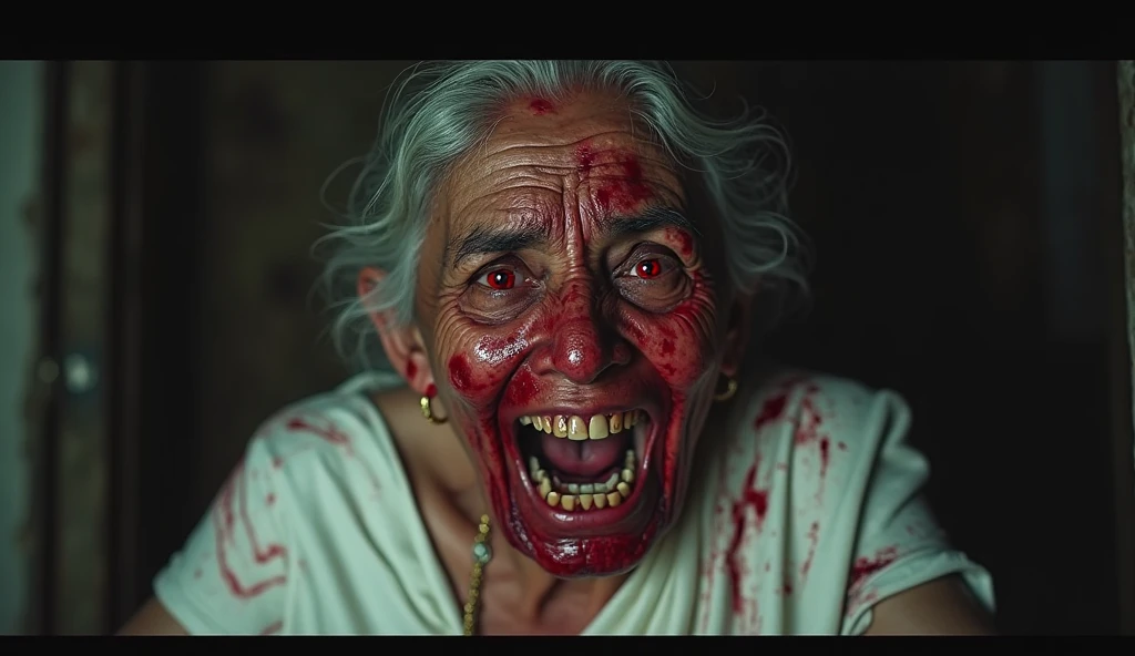 In the eerie stillness of the abandoned road under the cover of night, the ghostly figure of an old lady emerges, her saree stained with blood that drips onto the weathered asphalt. The once beautiful and radiant face is now half burnt, the skin charred and cracked, with one piercingly intense eye barely visible through the burnt socket. The background is a haunting blend of darkness and decay, adding to the chilling atmosphere. The focus is tightly locked onto the lady's face, revealing the horrifying details that unfold as the light from the distant street lamp flickers across her features. The contrast between the pitch-black background and the flickering, grotes