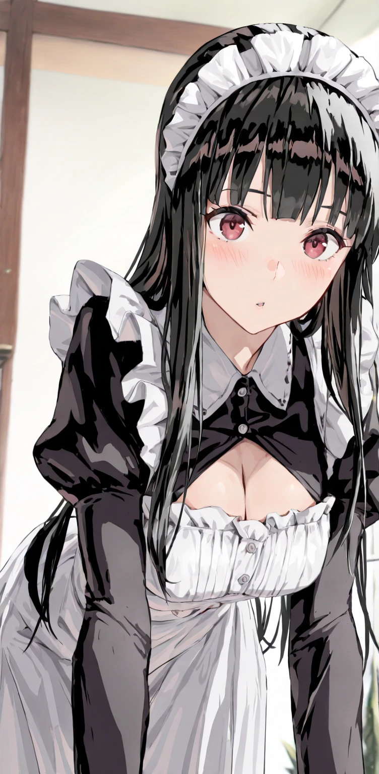 1girl, aster nemesis, dark-skinned female, black hair, very long hair, yellow eyes, flat chest , twin tails, looking at viewer, , , tanned body,''(((blush,sweating))),,(spoken heart),(((maid costume))),miniskirt,thighhighs,,mansion,(((penis,lift skirt))),