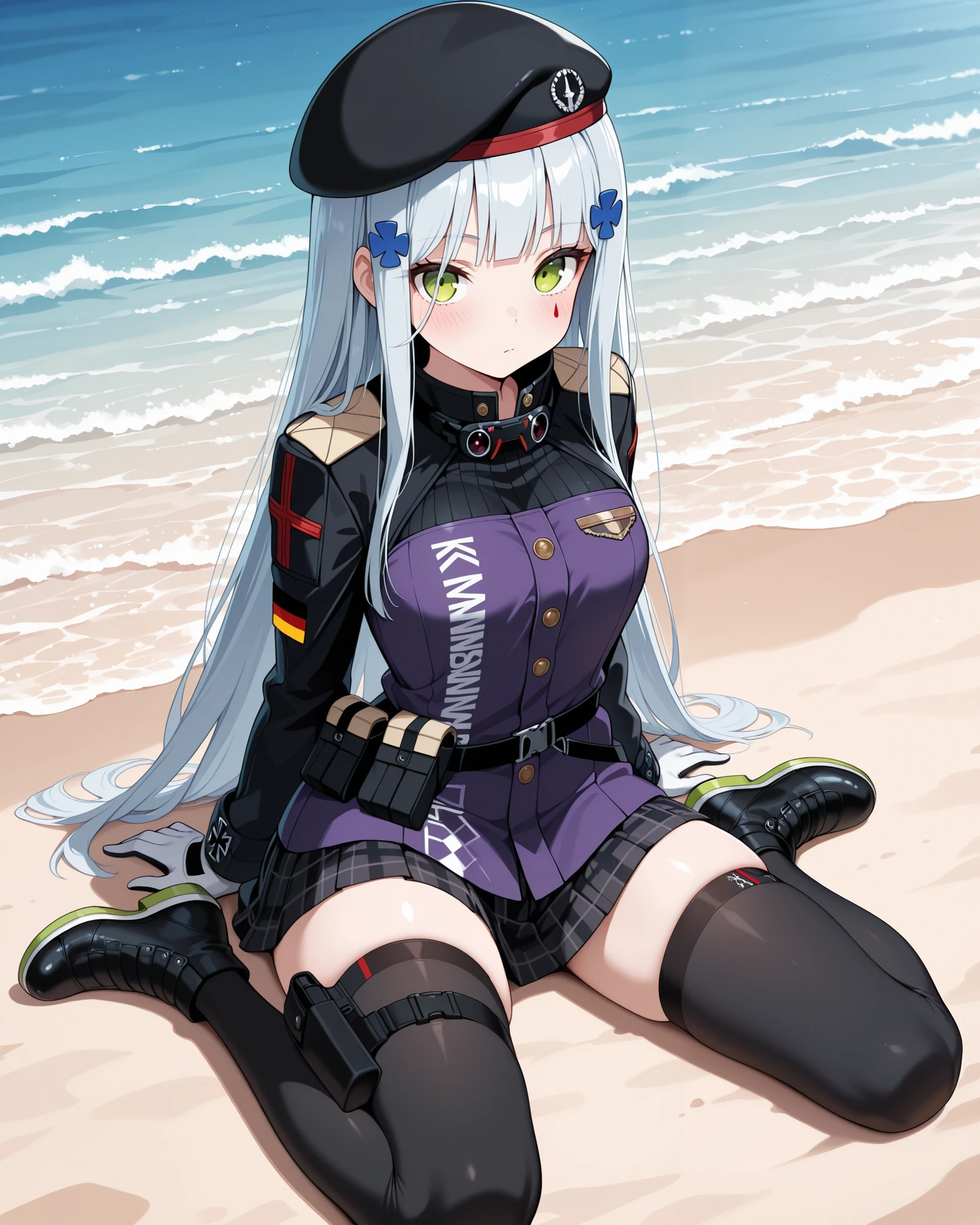 masterpiece, best quality, newest, small breasts, blush, HK416, hat,beret,black headwear,very long hair,white hair,x hair ornament,sidelocks,blunt bangs,green eyes,facial mark,teardrop, military jacket,purple jacket,clothes writing,uniform,white gloves,long sleeves,german flag,large breasts,skindentation,pouch,miniskirt,black skirt,pleated skirt,plaid skirt,thighs,zettai ryouiki,black thighhighs,thigh holster,black footwear, sitting, wariza, 1girl, solo, close to viewer, on the beach, close to viewer, full body,