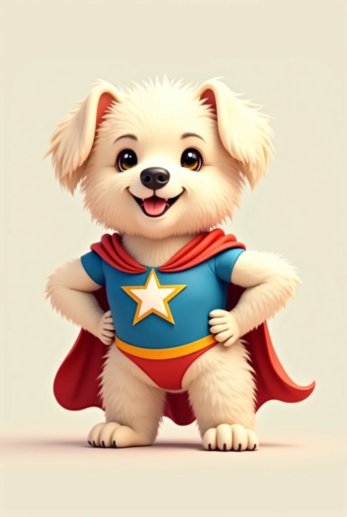 a Maltese lapdog that stands on four legs in a super heroic beige and blue bone