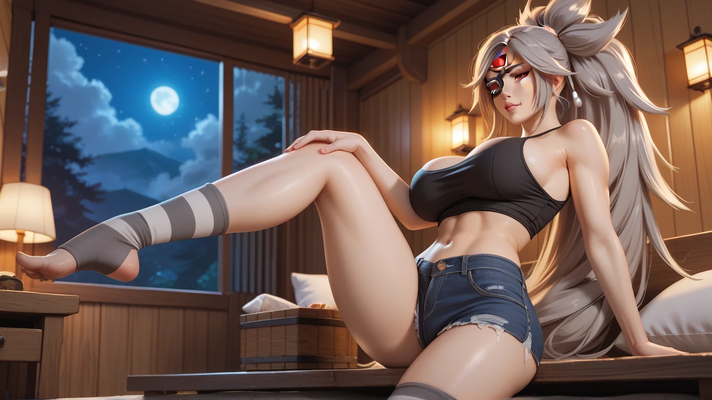 (Female drow slave bikini chest covered)(smile) Gray skin, pale golden hair and violet eyes. She prefer's clothing of white and silver with cloaks of deep blue or purple, grey background, huge_knockers, ((very precise detailed)) ((highres)