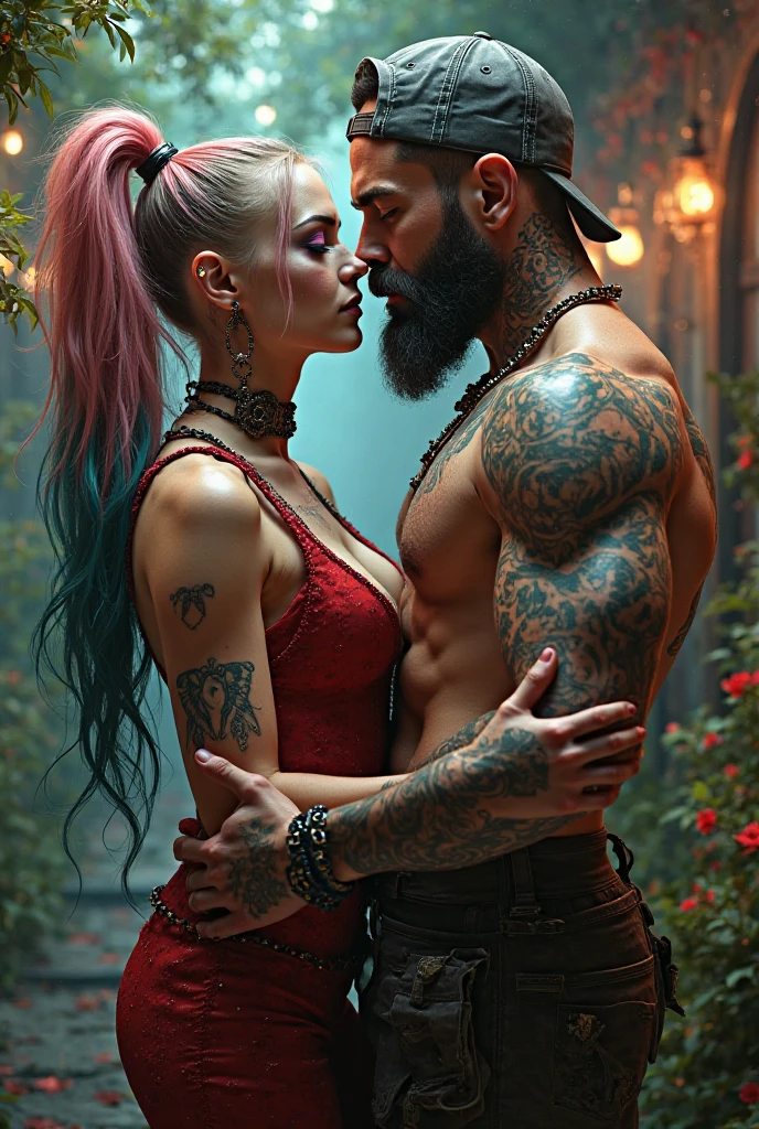Sacred rebels, an extremely attractive couple. Dark bearded handsome bald shaman man with muscular upper body bare. Blonde fairie-like bimbo girl, dressed in flirtatious pink skimpy underwear, perky big breasts, plenty of cleavage, hourglass body. Lots of hippie style jewelry. Side by side, touching each other sensually, facing the camera, looking into the camera. General tone of picture is vivid colors, dreamlike, psychedelic.