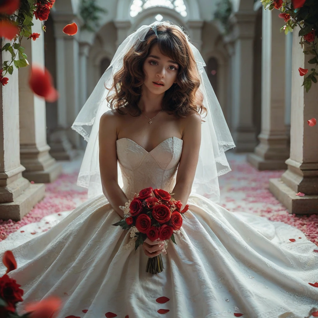 amazing angle,(masterpiece:1.3), (best quality:1.2), very aesthetic, (ultra high resolution:1.2), (extremely details:1.2), (intricate detailed:1.3), realistic, ray tracing, volumetric lighting, ambient occlusion, beautiful artwork, 3DCG, depth of field, 1girl, (holding bouquet:1.1), milf, solo, detailed beautiful face, detailed beautiful black eyes, black hair, straight long hair, blunt bangs, detailed beautiful oily skin, plump, (gigantic breasts:1.4), (sagging breasts:1.2), ruanyi0261, off-shoulder dress, pearl \(gemstone\), tiara, veil, silk, red wedding dress, indoors, chapel, stained glass, torch, bridal ceremony,