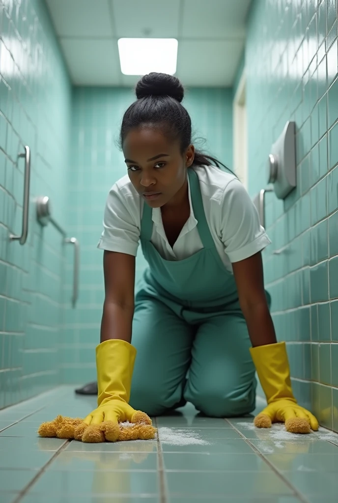 arafed woman kneeling on the floor with a laptop in a hallway, kneeling at the shiny floor, high school, sweeping, teenage female , wet floors, girl wearing uniform, student, bottom angle, very clean, maintenance, brilliant, portrait shot, photo portrait, wonderful scene, clean, advertising photo, wet floor, young female, wide portrait