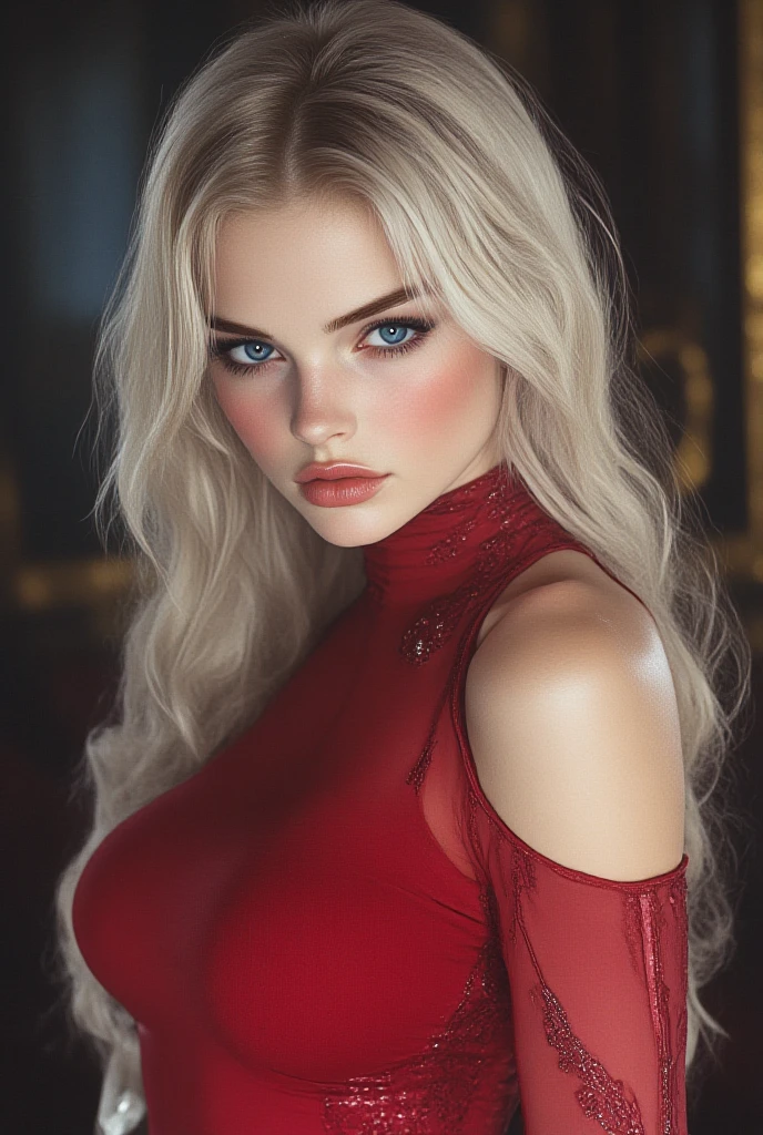 1 vampire girl, a 20 years old vampire girl; 165 cm height; Pale white skin; Snowy-white hair, ((side-swept hair)), flowing down, over one eye, ear-tucked, messy hair. European girl, hot model, bright red evil eyes. realistic skin, slim body shape, cleavage, extremely detailed hair, delicate sexy face, gaze, red shiny lips. ((elegant tight gown that features red colors)). corset-like accessory that envelops her waist. Almond eyes. Red tight gown, sleeveless. Black long gloves. (Masterpiece, best quality, photorealistic, photography), indoor, royal. ((realistic, super realistic, realism, realistic detail)).