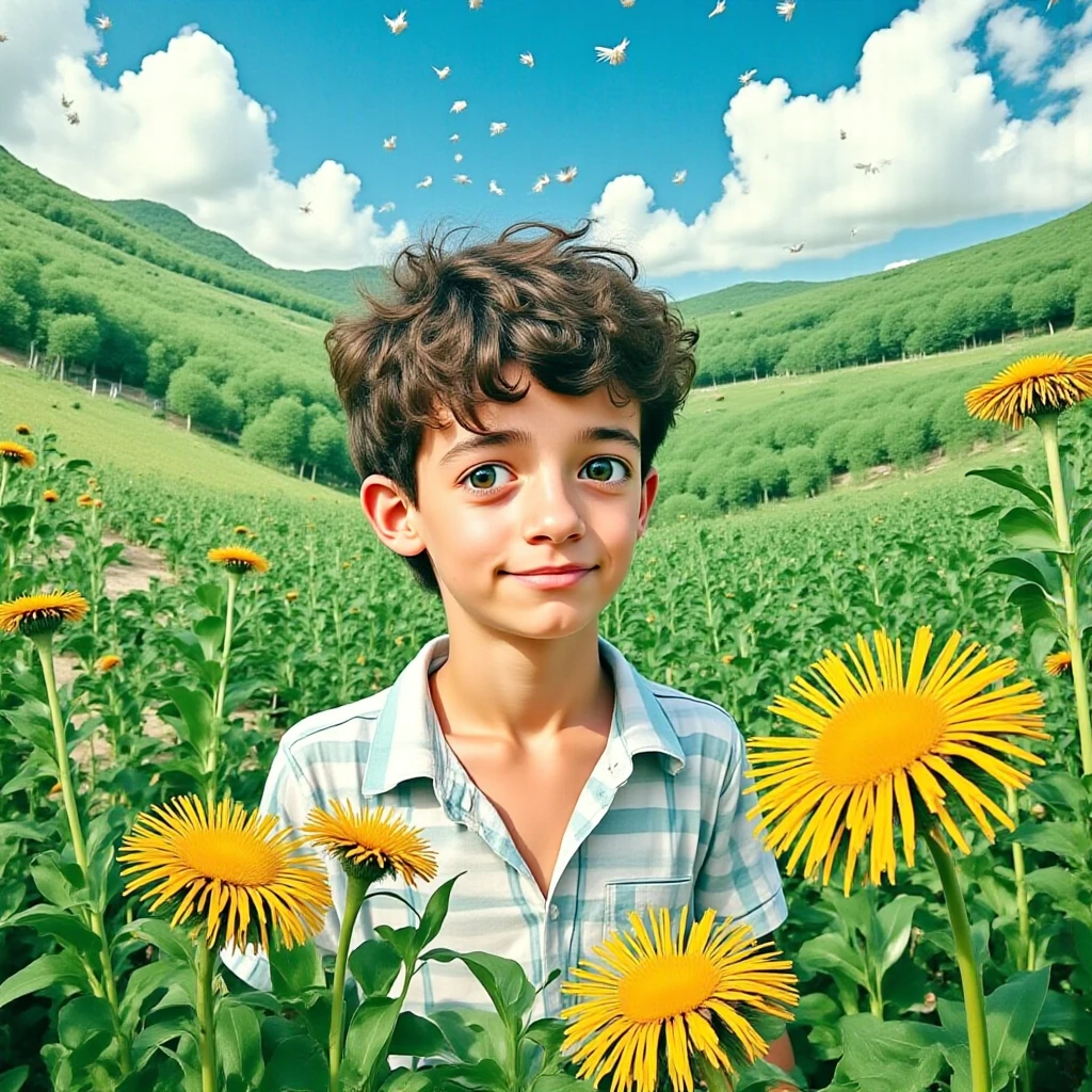 One boy sitting on tree shadow and beautiful sky and birds and Sunflower