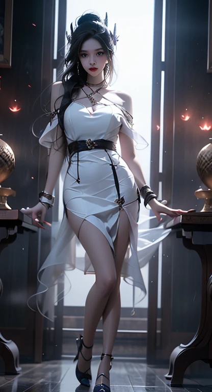 ((Bare shoulders)), ((Full breasts)),(((Full and soft breasts,)))(((Huge breasts))) (((Cleavage))) ((The skirt is very short)), ((Sexy legs)), ((whole body)), Practical, Fashion Girl, Red lips, Become a, Exquisite makeup, big eyes, beautiful, (best quality, masterpiece:1.2), Extremely detailed, (Practical:1.37), ((Random Scenes, Random shooting angle)), ((Sexy long legs)), Young and energetic, Charming model, (Exquisite eyes, Delicate lips), Show a bright smile, Create stunning girl images, warm color, Color Saturation Extreme Art, Extremely detailed的 CG, Unity 8K wallpaper, (High Dynamic Range :1.4), (Atmosphere),(Soft colors), (Natural skin texture, ultra-Practical, Soft Light, sharp),(Very detailed), night, moonlight