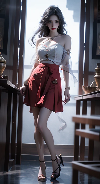 最high quality, 8K, masterpiece: 1.3, Ultra HD, high quality, 最high quality, High resolution, realism)) 、slender、slenderだがアスリートのような細マッチョ、I don&#39;t want my head to disappear from the screen.、Wear accessories on your wrist、Wearing red nail polish、I have a peticure、aerial perspective((atmospheric perspective))、smile((smiley))、background blur((depth of field)、White cross halter neck((cross halter neck))Wear a dress、Wear stiletto heels、crystal earrings((crystal earrings))、chest pocket、Standing with your weight on the window display of a youth brand shop、fold your arms、Breasts on arms、Three-ply chignon((triple bun))、Cat ear headphones((cat ear headphones))