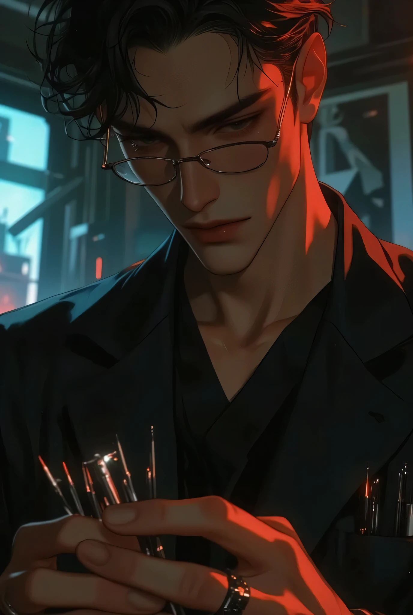 MALE, ((blue eyes)), ((black hair, Crew Cut – Short all around with a slightly longer top for a neat, low-maintenance style)), ((wearing black surgical coat and square frame eyeglasses)), ((black inside shirt)), ((dark undereyes)). Adult male, broad shoulders (close up face), ((high quality)). ((TAN SKIN)), ((sideview, looking down)), warm red lighting hues. Night time. Inside dimly lit bedroom. Menace expression. holding needles.