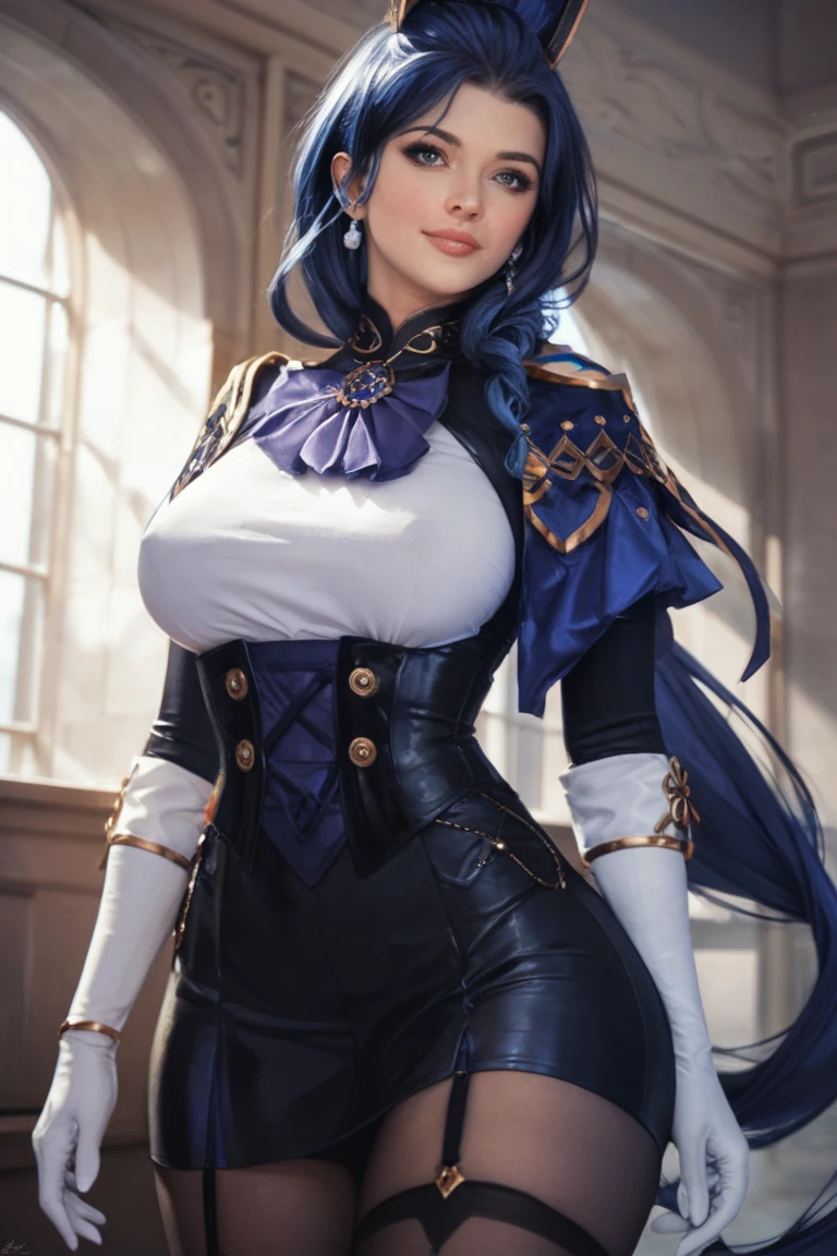 masterpiece, best quality,kaeya (genshin impact),mature female,large breasts, 1girl, female focus, eyepatch, dark-skinned female, gloves, solo, jewelry, blue hair, earrings, long hair, blue eyes, single earring, dark skin, bangs, black gloves, smile, fingerless gloves, closed mouth