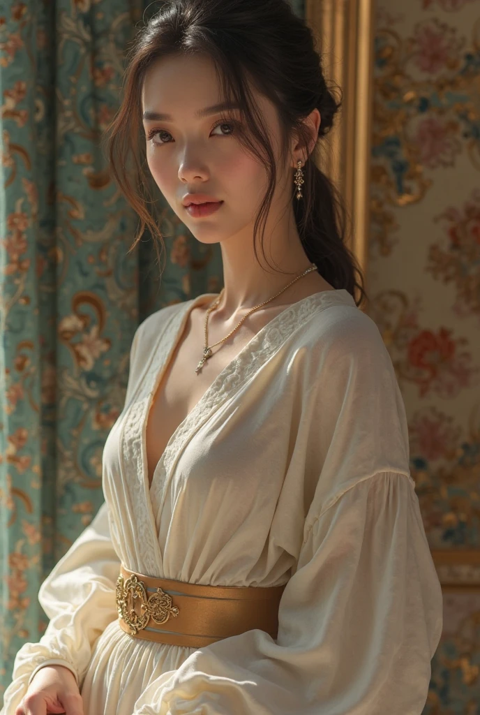 (masterpiece),(best quality), illustration, (fantasy:1.4), brown long hair, long eye lashes, solid circle eyes, light smile, Surrealism, drop shadow, anaglyph, stereogram, atmospheric perspective, 8k, super detail, accurate, best quality, UHD, textured skin, long dress, a moon, flowers , paper_cut