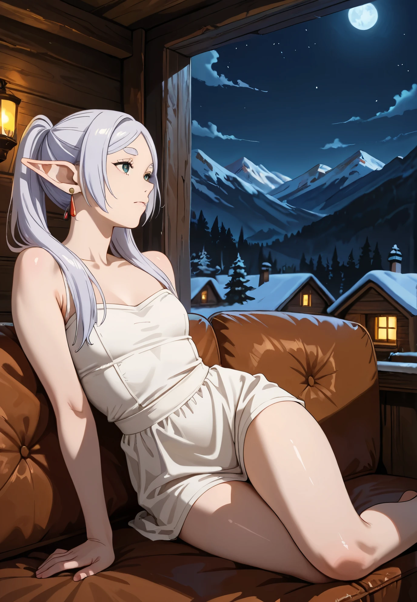 1girl, solo, Frieren, Friend Beyond Journey's End, sitting on a couch, sexy pose, alluring atmosphere, BREAK, mountain cabin, night time, beautiful lighting and shadows,