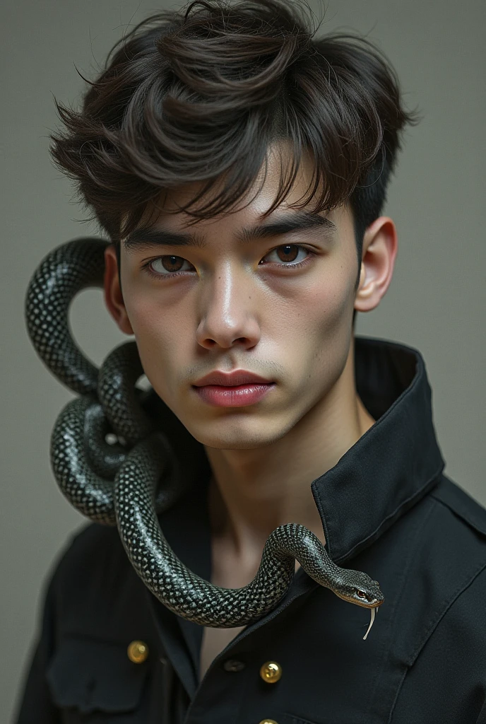 (masterpiece, best quality, 8k, looking at viewer:1.35), (1boy, basilisk, slender androgynous male, beautiful eyes, flat chest, male crotch:1.5)