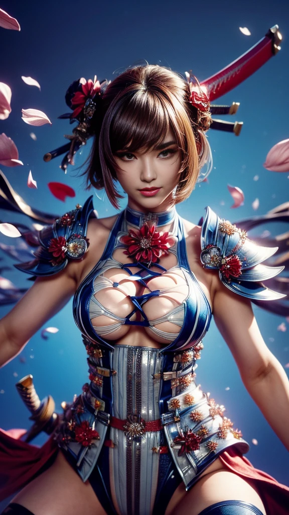 beautiful japanese young woman, wearing cyborg armor, thick symmetrical features, very short hair, background is cherry blossoms, pink aura, red lips, octane render,