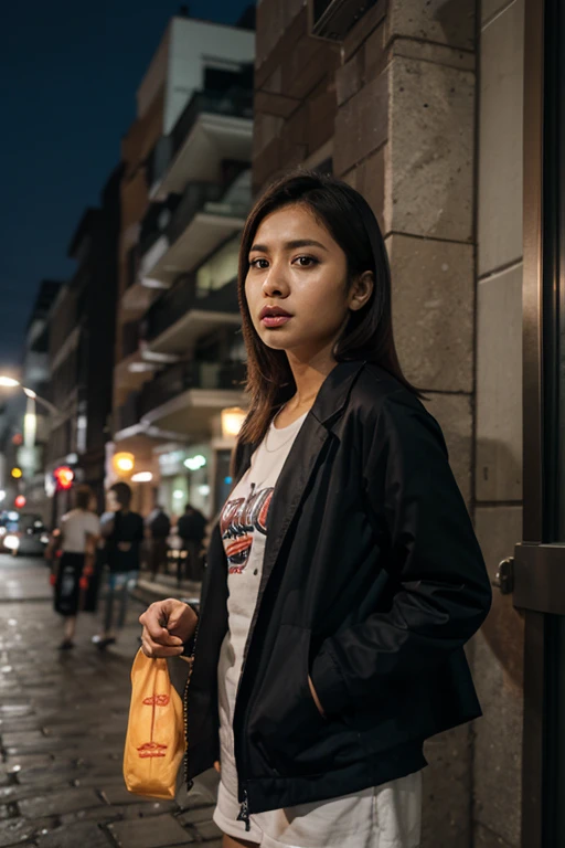 NeonNoir, female woman standing solitary under a subtle red neon glow wearing designer vest, suit trousers,(mechanical arms:1.1),Thailand night city, Only God Forgives
