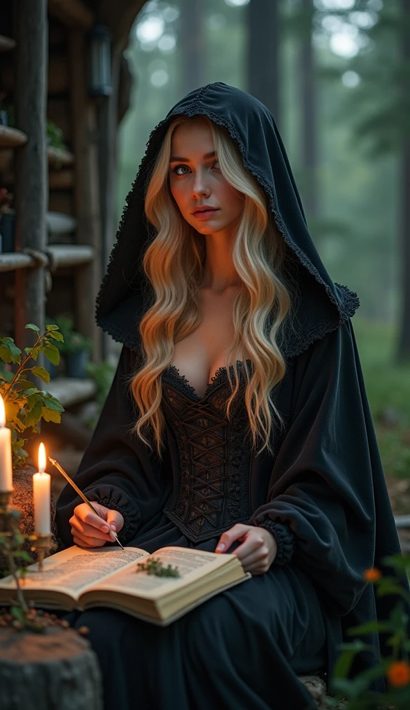 Make one with black skin and freckles that look like stars, she has white hair and bangs, she is in the forest, she is dressed as a sexy witch, Holding a book, high resolution,breastsout,