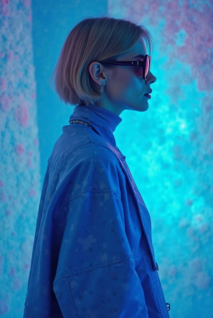 corpo inteiro fotografado de frente linda mulher com vestido roxo fluorescente de couro, na noite , movimento, azul, Neon, movimento, foto realista