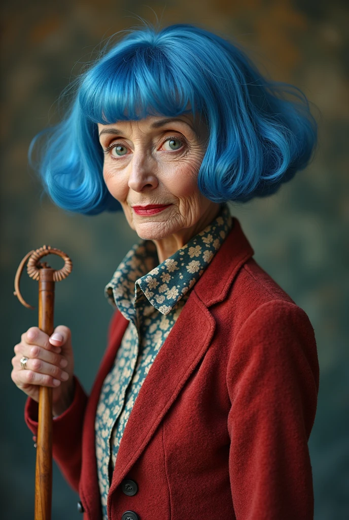 Wide angle, RAW photo, surreal image of an old woman, 80 years old, in green coat and pink wig in front of a colorful wall with fungi, inspired by the series From, complex background, portrait of the mermaid queen, beautiful face, covered in fungi (highly detailed skin: 1.2), 8k uhd, dslr, soft lighting, high quality, film grain, photographed with a Canon EOS 5D camera