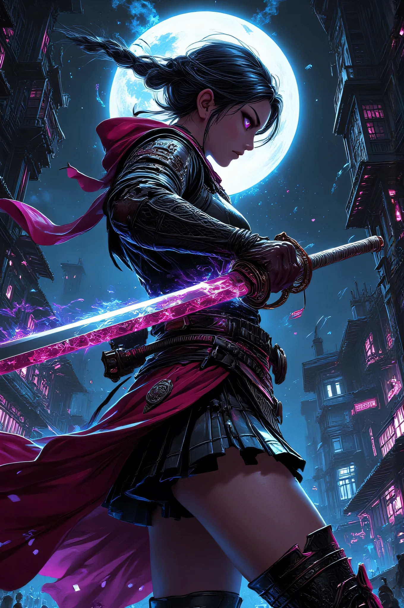 (EyesHD:1.2), masterpiece, best quality, ultra-detailed, very aesthetic, sharp focus, depth of field, vibrant colors, ray tracing, best lighting, detailed illustration, detailed background, cinematic, beautiful face,beautiful eyes,

(((beautiful detailed)))
1girl,she has a large mechanical sword, 
Fighting,Destroyed, Full moon background,
from side,wide shot,long shot,side-view, 
leaping figure composition(sharp lines:1.2)(clear line:1.2),(eye details:1.3)(thick border:1.4), animation cel style,
Peter Pan collar, bell sleeve, drape skirt, slippers, braid hair, futuristic atmosphere,
Futuristic buildings in the background,cyberpunk,pixelated,malware glitch,