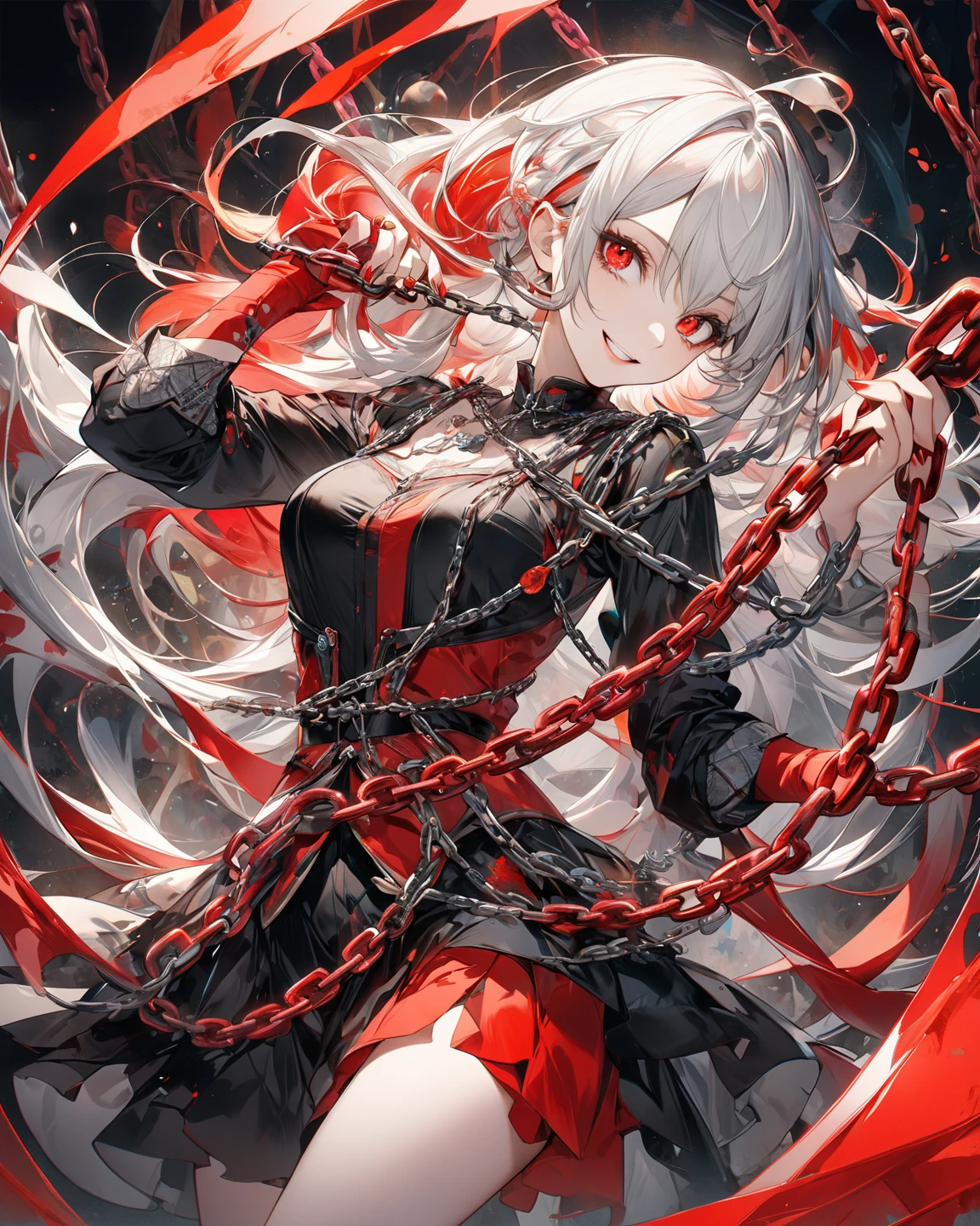 score_9, score_8_up, score_7_up, source_anime,masterpiece, best quality, high resolution, extremely detailed CG, absurdres, 1girl, solo, a cool girl in Gothic lolita costume posing in palace, miniskirt, frills, black and red outfit, ((black_tights)), (single eyepatch), heels, ((V-shaped eyebrows, smile), hand on face, hands open, spread legs, stands on floor, ruby👁️🗨️,white_hair, ((two_sides_up)), horns, tied with chains, many chains in background, dark_background, black palace, midnight, indoors, (extremely detailed background:1.6), detail1eye, vivid color