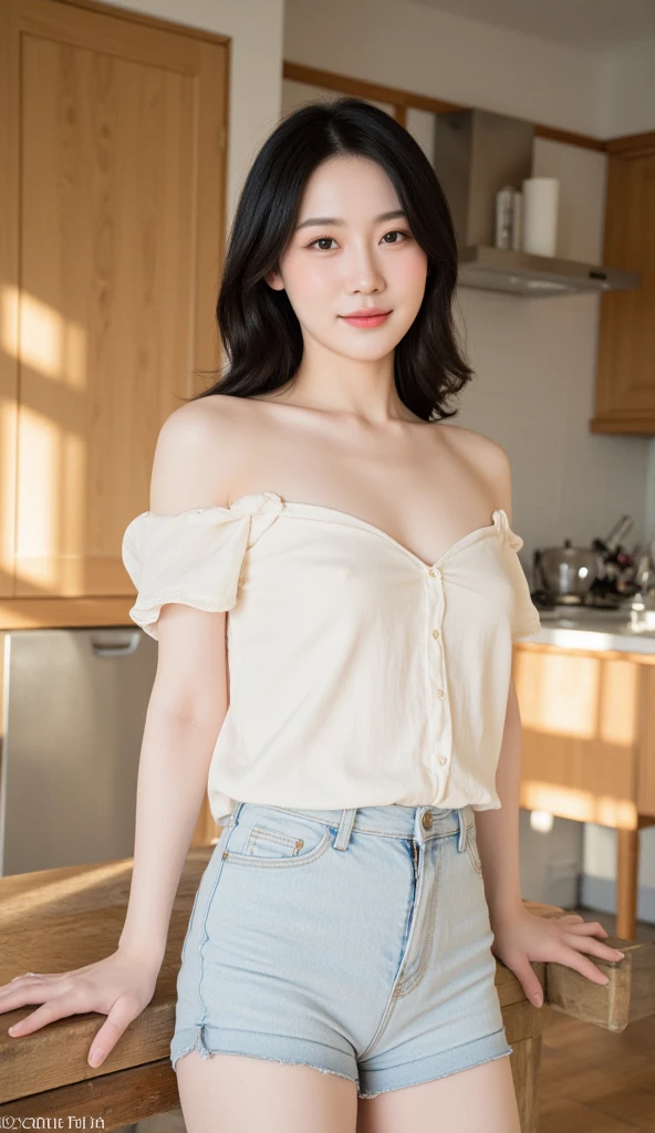 ((Best image quality)、Korean 20 years old, NFSW, high resolution, Natural and smooth implementation, head and body balance、perfect body beauty:1.4、slim、thin legs、((dark brown hair、very small breasts:1.2))、, Highly detailed face and skin textures、eye for detail、shy smile、perfect implementation、, lighting areola、Aiming to become a gravure idol、Slightly lower angle than the front、top quality、realistic、cute appearance、small ass、K-pop makeup、embarrassed expression、thin waist, White and clear skin, cute belly fat, chubby, Narrow pelvis, hairstyle for long hair, natural implementation, luxury villa, villa in the mountains