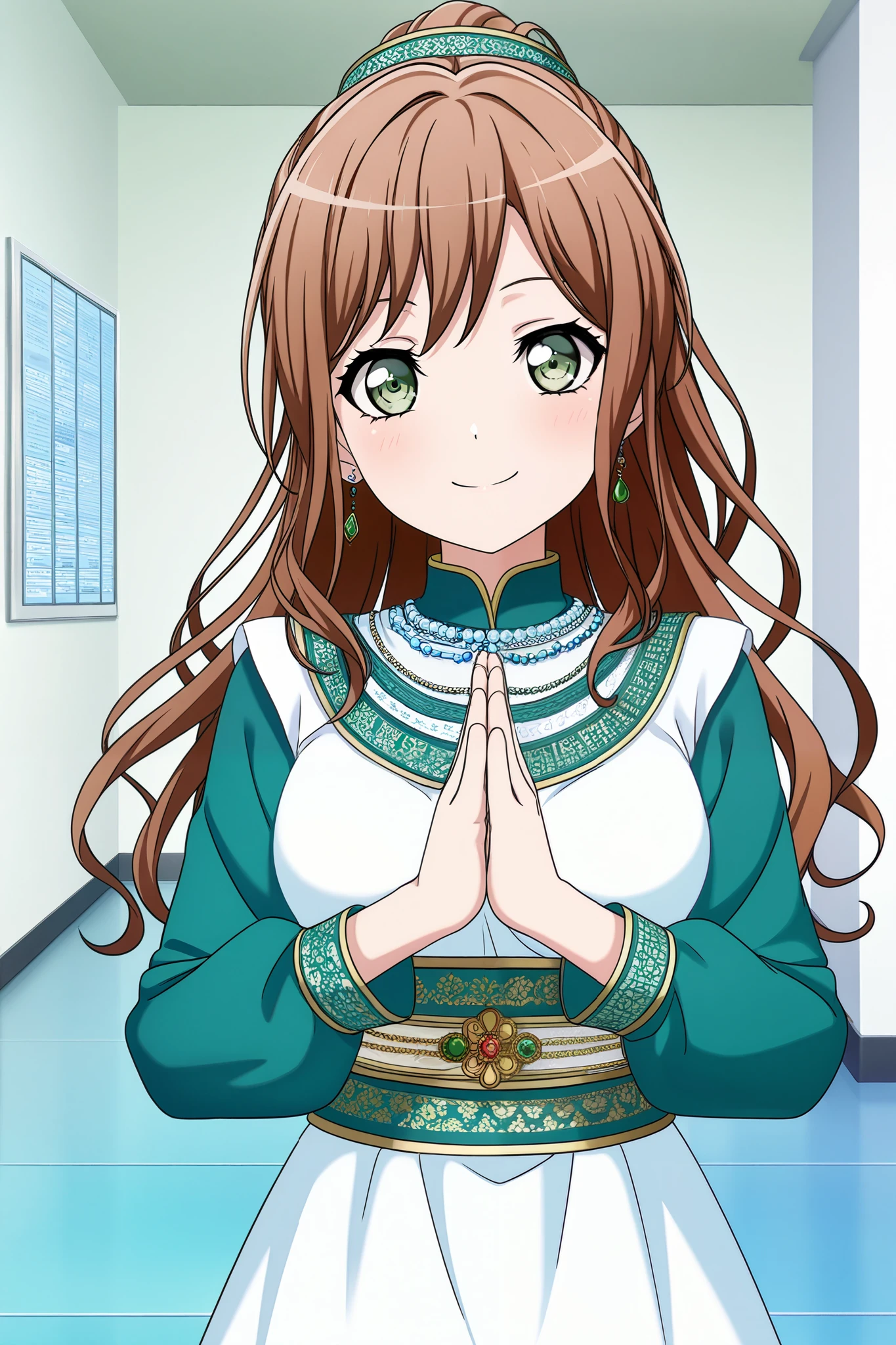score_9, score_8_up, score_7_up, best quality, masterpiece, source_anime, anime coloring, anime screencap, official art 3d bang dream! official art 3d, Detailed eyes, Perfect eyes, good eyes,
BREAK 
1girl, imai lisa,,long hair, ponytail, Brown hair, dark green eyes, medium breasts, bang dream!, best quality, amazing quality, very aesthetic, Long-sleeved clothes, Islamic clothes , Namaste, full color , smile, standing, looking at viewer, palms together, parallel, Fingers pointing up.