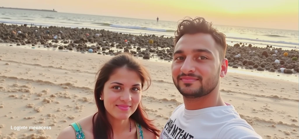 There's a man and a woman taking a selfie on the beach, on the beach at sunset, on the beach at sunset, on the beach during sunset, in the sunset, at the beach on a sunset, during sunset, with sunset, at a beautiful sunset, imagem de perfil, Postagem no Reddit, sunset at the beach, Sunset!!!, foto de praia, during a sunset