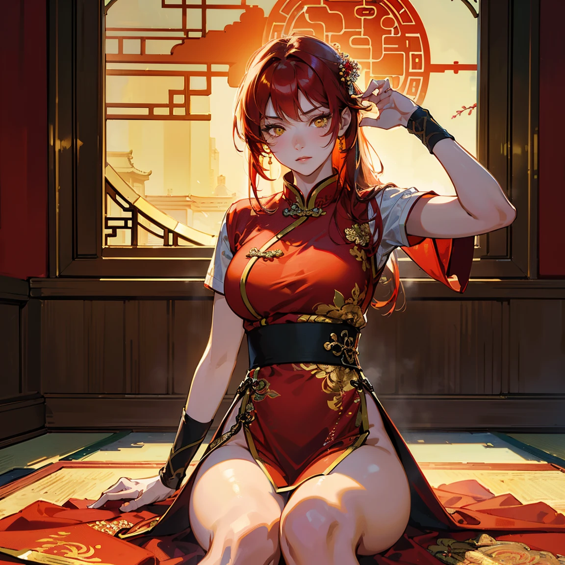 Gorgeous Japanese Mao Abe Hitomi Tanaka in short dark kimono showing her body, anime style, anime realism, mixed with Mao Abe Hitomi Tanaka, lush smile, golden eyes, wavy red hair woman, hair in a bun, bun, twenties, flexible female body, anime style long hair, cleavage, detailed eyes, detailed hands, detailed face, colors, flower, night,