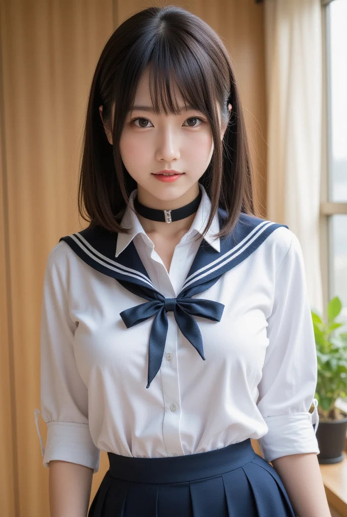 sailor suit、embarrassing、one beautiful woman、detailed face、fine hands、thin legs、(debris flies, highest quality:1.2), 8K, official art, chest、cute、I can see your pants、(((close up of face)))、((((Detailed clear eyes)))、pull the skirt、 Full body Esbian、sailor suitの美しさ、cool look、 (masterpiece) (highest quality) (get used to it) (8K) (movie lighting) (sharp focus) (complicated)black hair、、、laughter、incredibly stupid, (beautiful girl, cute face, turn back, gold ornaments in hair、naked、, space , looking at the viewer, film grain, chromatic aberration, Tits sharp focus, face light, dynamic lighting, cinematic lighting, get used to itな目と顔, (cute tie、1 part:1.2)