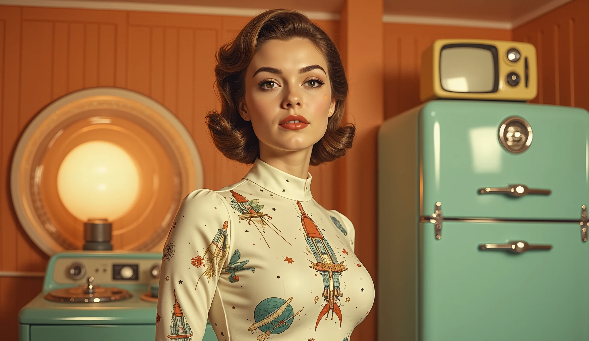 Stylized retro interior shot of a young woman in a space-themed bodysuit, covered in vintage rocket illustrations and planetary motifs. She stands in front of pastel-colored 1950s appliances—a mint washing machine and a yellow television set with rounded edges. The room glows with warm orange lighting from vintage bulbs. Her hair is curled neatly into a mid-century updo, and her makeup is soft but precise, with an orange-toned lipstick matching the decor. The scene feels intimate, like a snapshot from a retro space-themed kitchen. Bold color blocking, glossy surfaces, and nostalgic charm define the aesthetic.